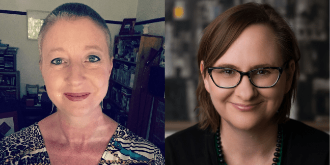 Photo of writers Emilie Collyer and Imbi Neeme. Both are smiling, looking directly at the camera. Imbi is wearing glasses. Emilie is definitely more photogenic.